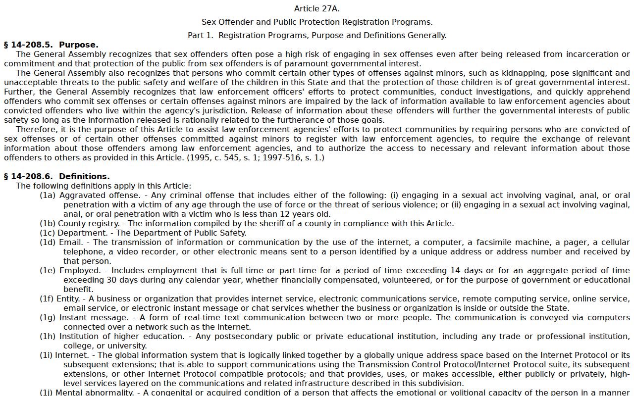 North Carolina law governing Hoke County sex offender registration